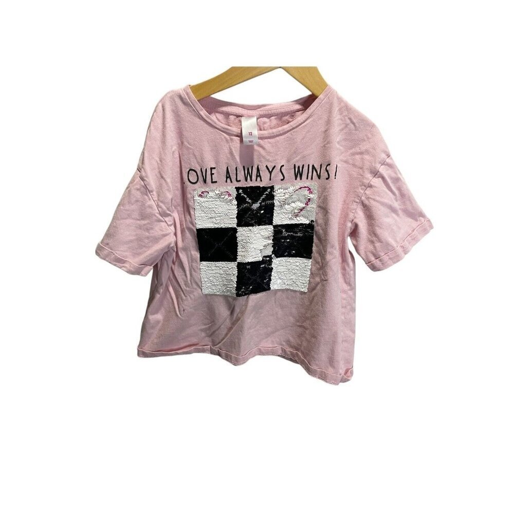 Justice Pink Sequin "Love Always Wins" Short Sleeved Tee 12 Cropped